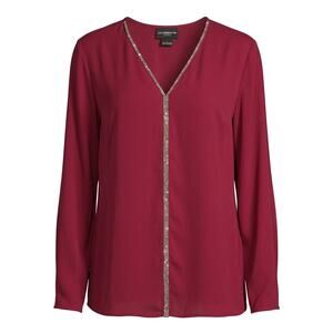 Liz Claiborne | Rhinestone Embellished Maroon V-neck Top | Women's Size Large